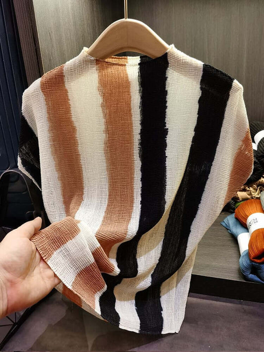 Women's Miyake-Style Pleated Striped T-Shirt