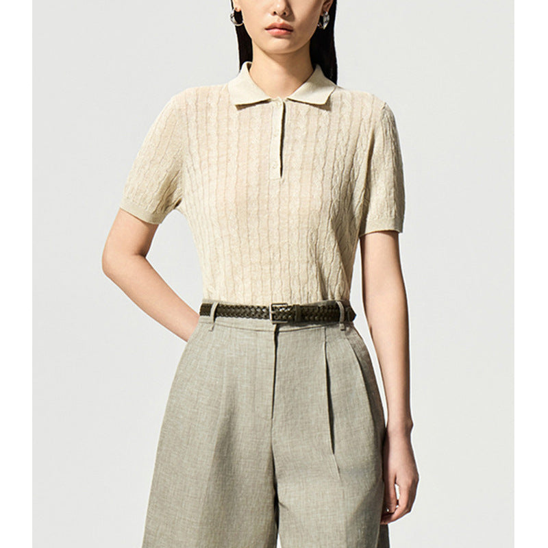 Vintage Preppy Style Polo Neck Linen Knit Short Sleeve Top for Women, Lightweight Spring/Summer Wear