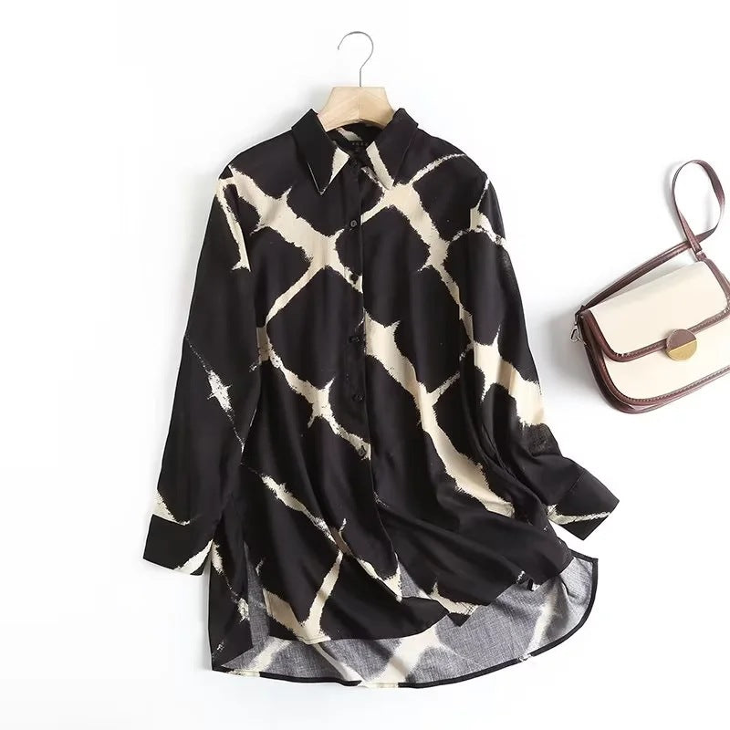 Korean Women's Summer New Loose Linen Print Top Long Sleeve Shirt