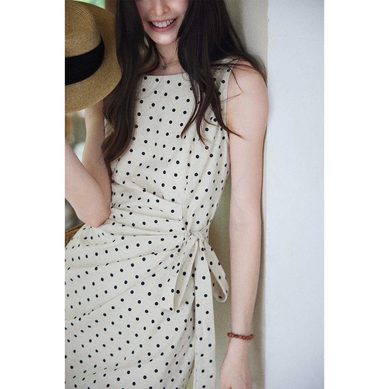 Polka Dot Dress with Side Waist Cinch Linen-Cotton Fabric Long Dress for Women