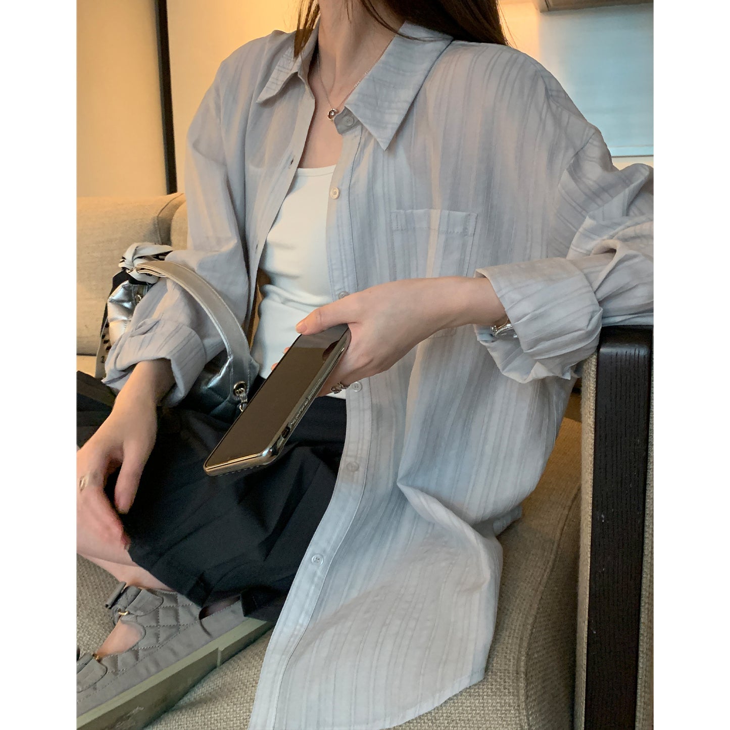 Linen Texture Loose Long Sleeve Shirt for Women Casual Lightweight Outerwear Sun Protection Blouse