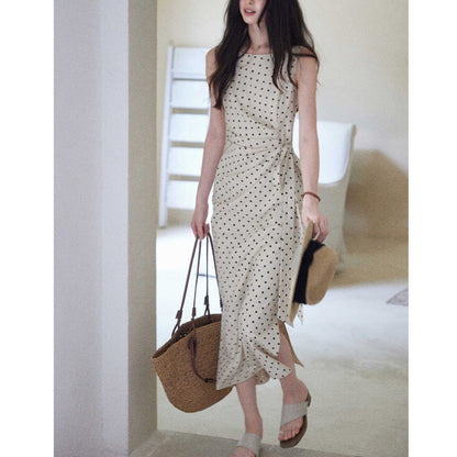 Polka Dot Dress with Side Waist Cinch Linen-Cotton Fabric Long Dress for Women