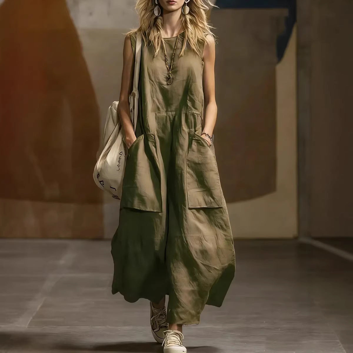 Casual Loose Sleeveless Cotton Linen Dress with 3D Pockets Summer Fashion Dress