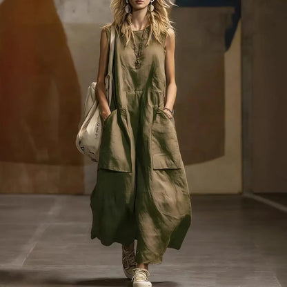 Casual Loose Sleeveless Cotton Linen Dress with 3D Pockets Summer Fashion Dress