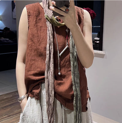 Summer Original Versatile Loose Casual Outerwear Retro Inner Wear Sleeveless Classic Round Neck Linen Vest Women