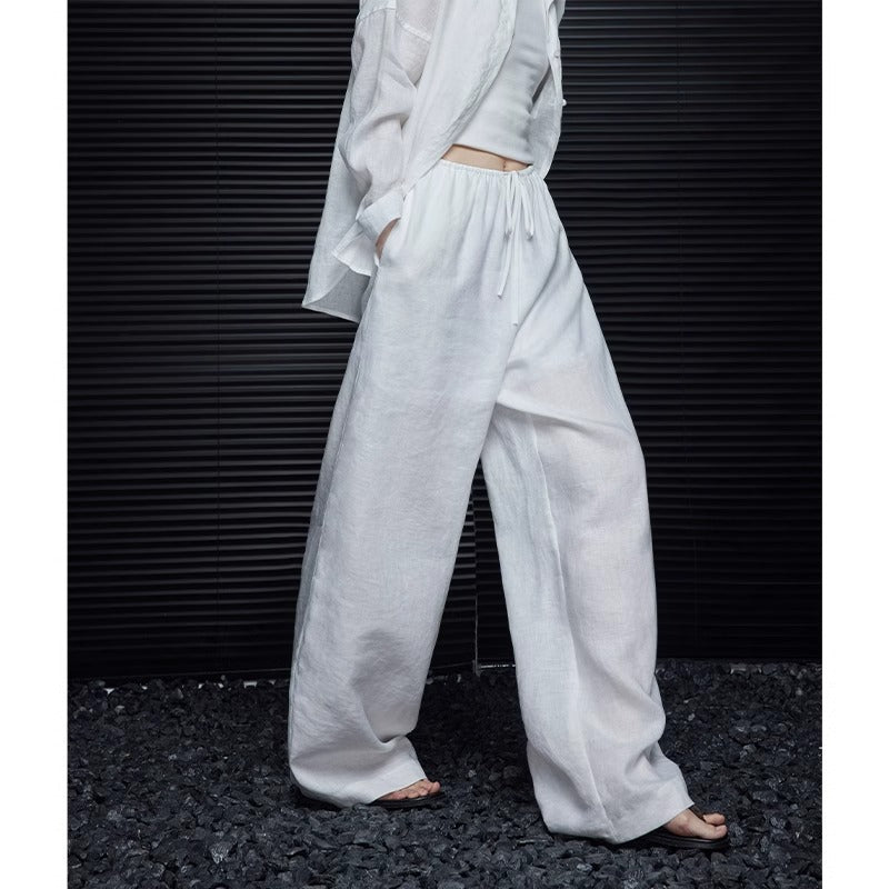 White Linen Wide Leg Pants Women Summer Loose Thin High Waist Flowy Casual Straight Leg Pants