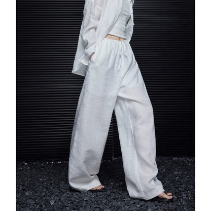 White Linen Wide Leg Pants Women Summer Loose Thin High Waist Flowy Casual Straight Leg Pants