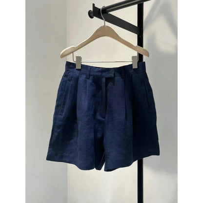 Summer Lightweight Wide Commuting Versatile Dark Blue Ramie Casual Shorts Loose Linen Pants for Women