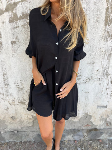 Casual Solid Color Cotton Linen Shorts with Long Sleeve Wrinkled Shirt Two-Piece Set for Women