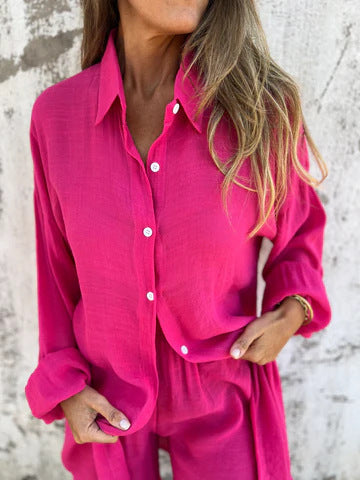 Casual Solid Color Cotton Linen Shorts with Long Sleeve Wrinkled Shirt Two-Piece Set for Women