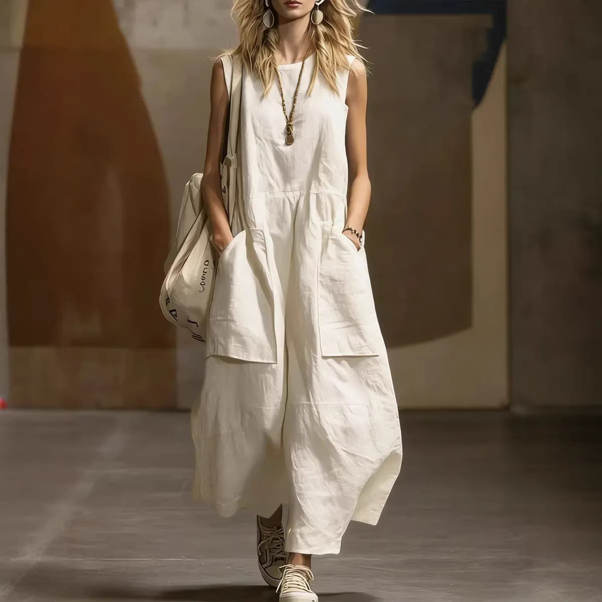 Casual Loose Sleeveless Cotton Linen Dress with 3D Pockets Summer Fashion Dress