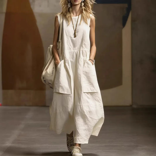 Casual Loose Sleeveless Cotton Linen Dress with 3D Pockets Summer Fashion Dress