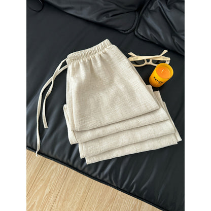 Casual Linen Wide-Leg Pants for Women High-Waisted Loose Straight Cotton Linen Summer Trousers