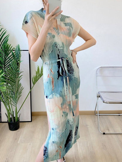 Pleated Printing Long Dress For Women Split Side Short Sleeves Bandage Dresses Female Fashion Top Summer