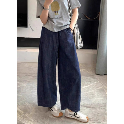 Deep Blue Linen Wide-Leg Pants for Women Summer Lightweight Loose Slimming Relaxed Straight Leg Trousers
