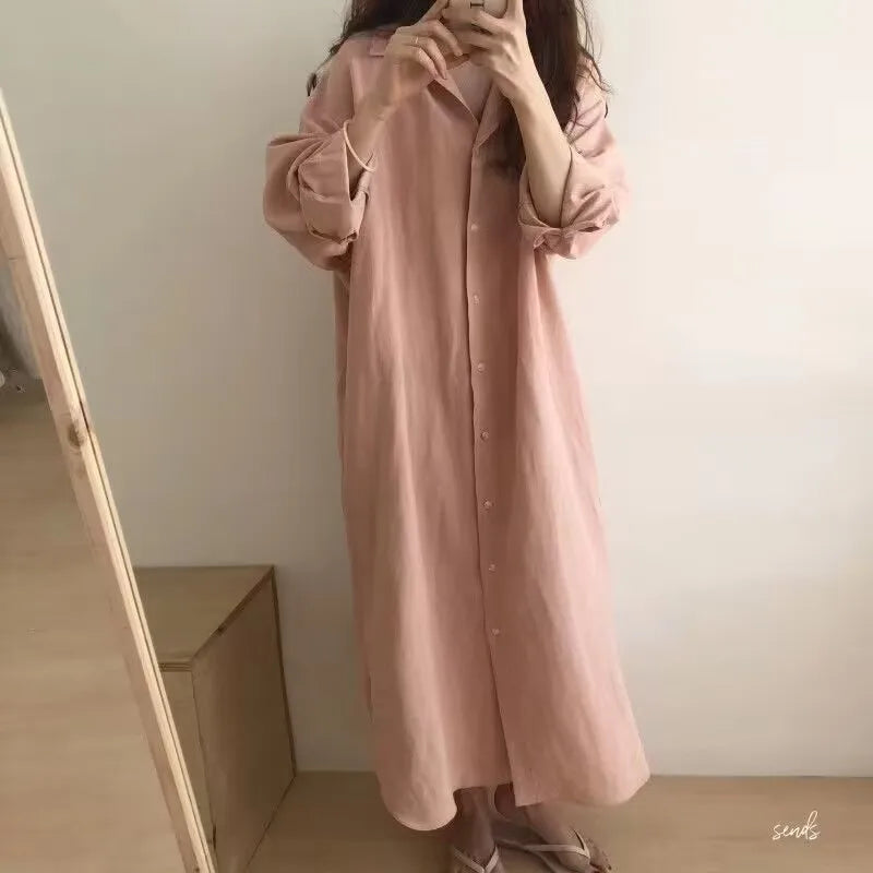 Fashion Long Sleeve Cotton Linen Midi Dress Women Fall Loose Casual Comfortable White Buttons Dresses For Women Robe Femme