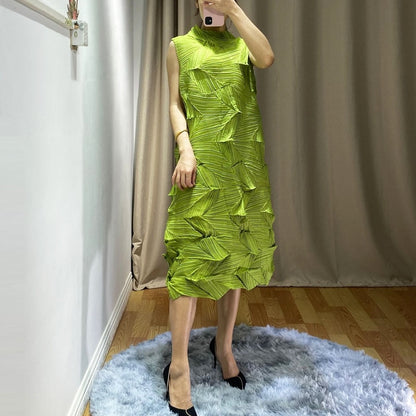 Summer New Women Sleeveless Dress Miyak Pleated Fashion Design Solid Loose Stand Collar Female Dresses