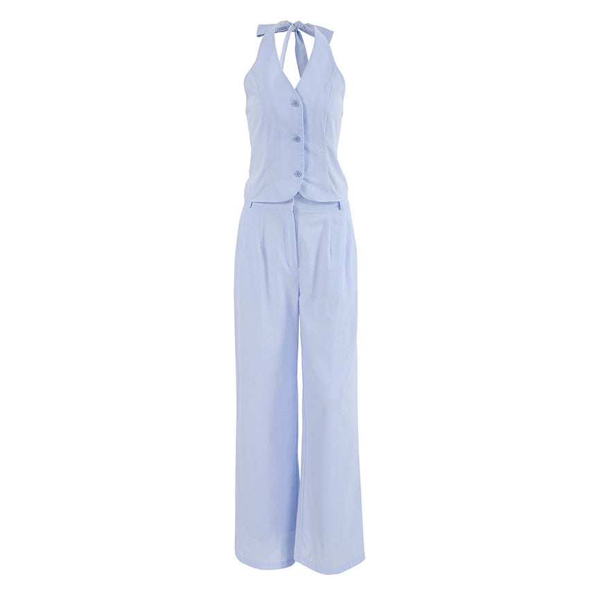 Fashion cotton and linen light blue hanging neck vest set women's cardigan wide leg pants two-piece set women's clothing ﻿