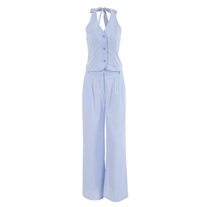 Fashion cotton and linen light blue hanging neck vest set women's cardigan wide leg pants two-piece set women's clothing ﻿