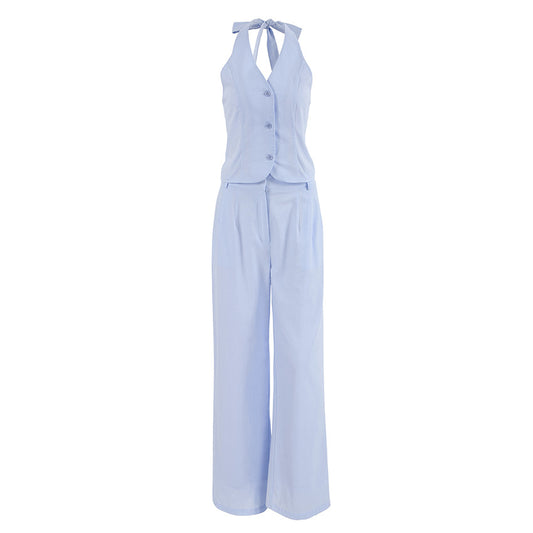 Fashion cotton and linen light blue hanging neck vest set women's cardigan wide leg pants two-piece set women's clothing ﻿