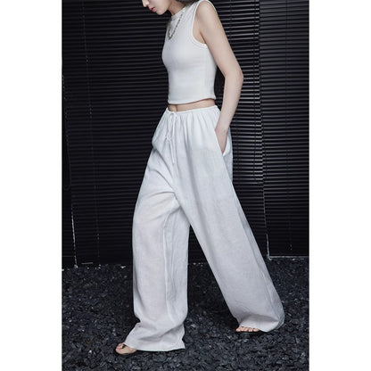White Linen Wide Leg Pants Women Summer Loose Thin High Waist Flowy Casual Straight Leg Pants