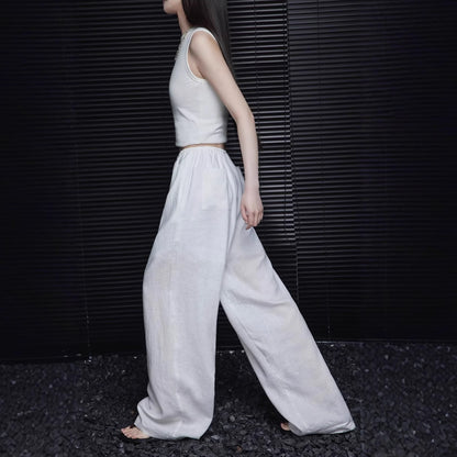 White Linen Wide Leg Pants Women Summer Loose Thin High Waist Flowy Casual Straight Leg Pants
