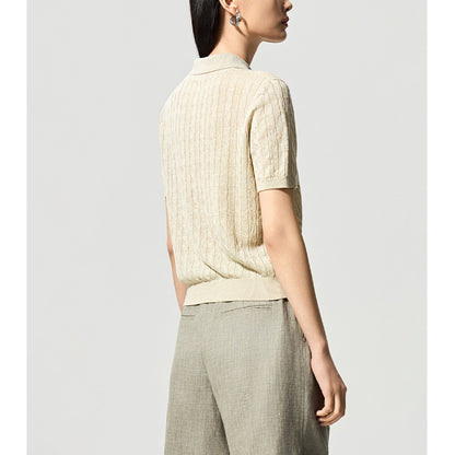 Vintage Preppy Style Polo Neck Linen Knit Short Sleeve Top for Women, Lightweight Spring/Summer Wear