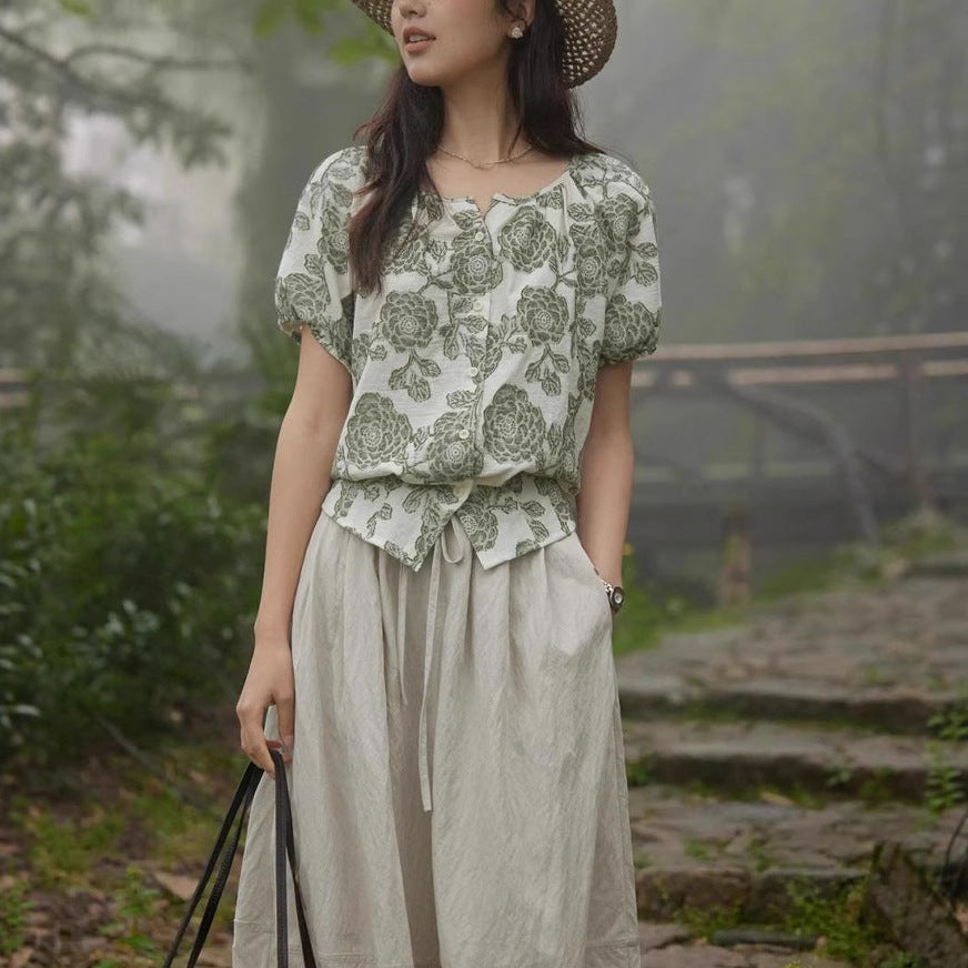 Cotton Linen Cut-out Round Neck Shirt Women Summer Puff Sleeve Top
