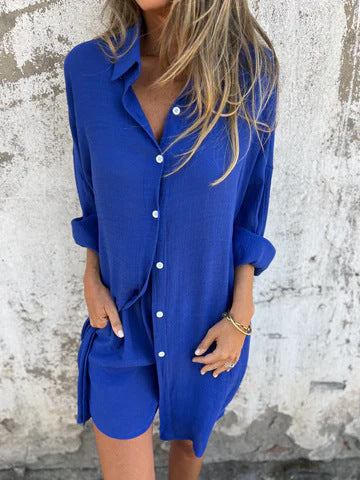 Casual Solid Color Cotton Linen Shorts with Long Sleeve Wrinkled Shirt Two-Piece Set for Women