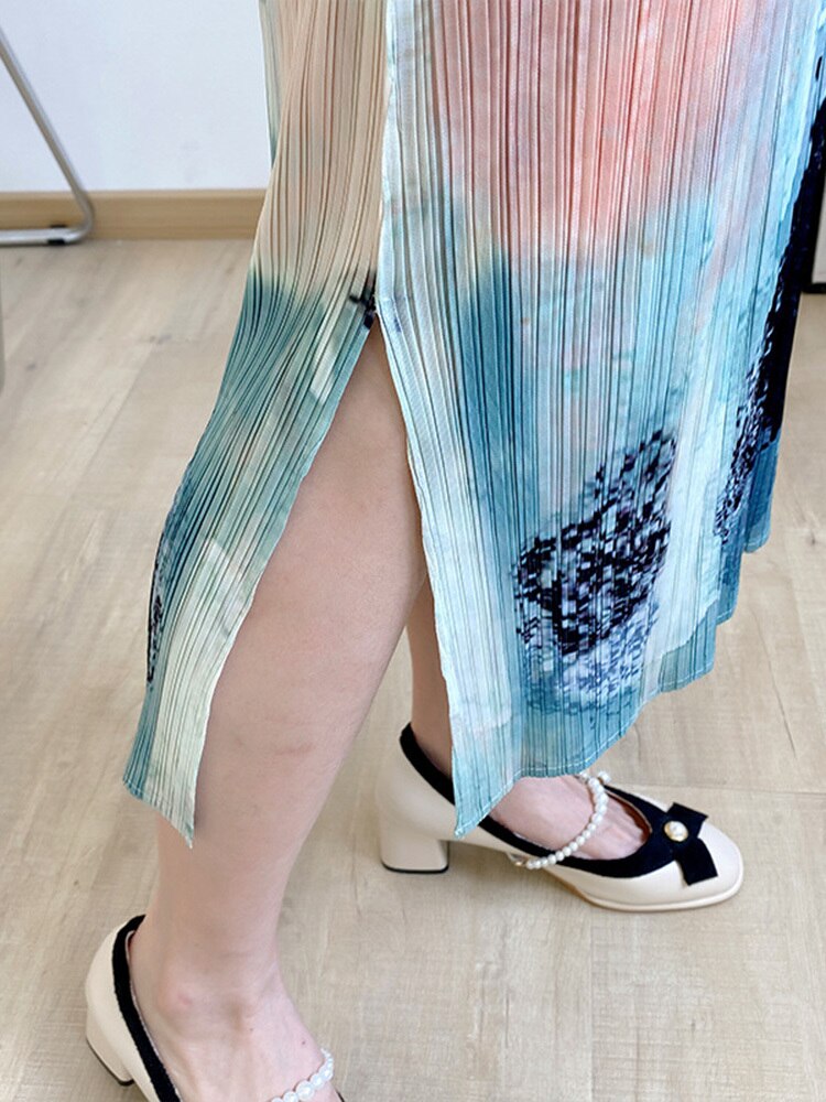 Pleated Printing Long Dress For Women Split Side Short Sleeves Bandage Dresses Female Fashion Top Summer