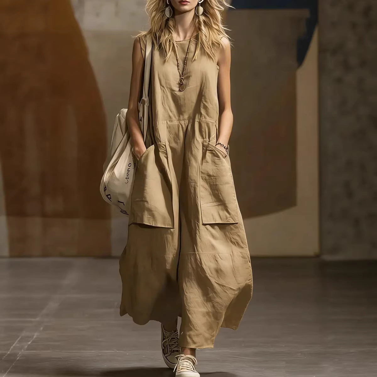 Casual Loose Sleeveless Cotton Linen Dress with 3D Pockets Summer Fashion Dress