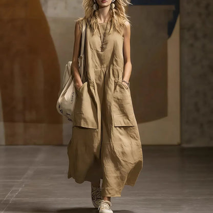 Casual Loose Sleeveless Cotton Linen Dress with 3D Pockets Summer Fashion Dress