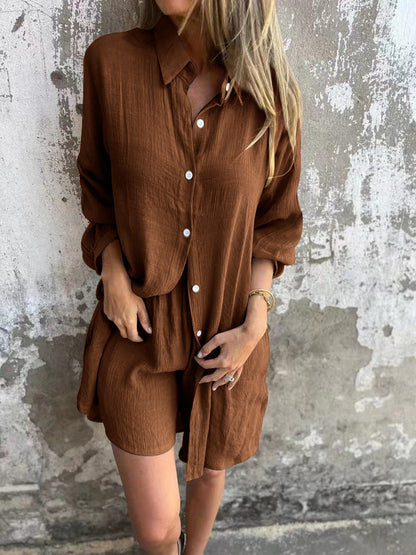Casual Solid Color Cotton Linen Shorts with Long Sleeve Wrinkled Shirt Two-Piece Set for Women