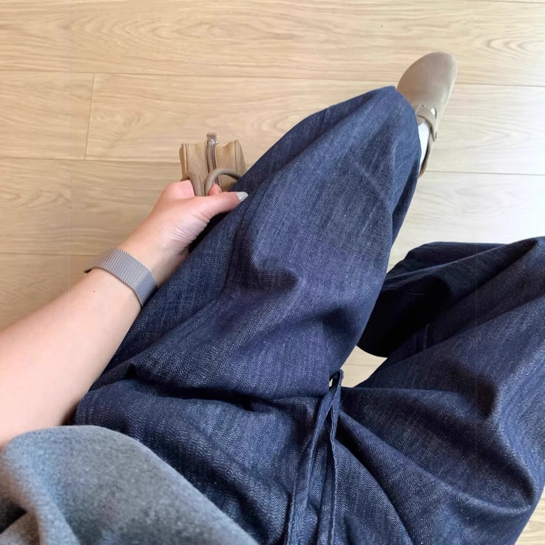 Deep Blue Linen Wide-Leg Pants for Women Summer Lightweight Loose Slimming Relaxed Straight Leg Trousers