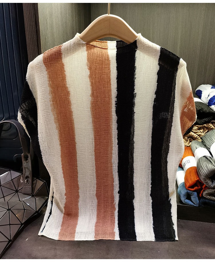 Women's Miyake-Style Pleated Striped T-Shirt