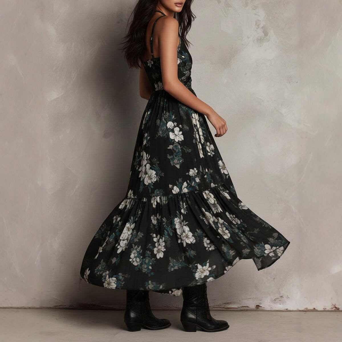Black Floral High-Low Asymmetric Dress