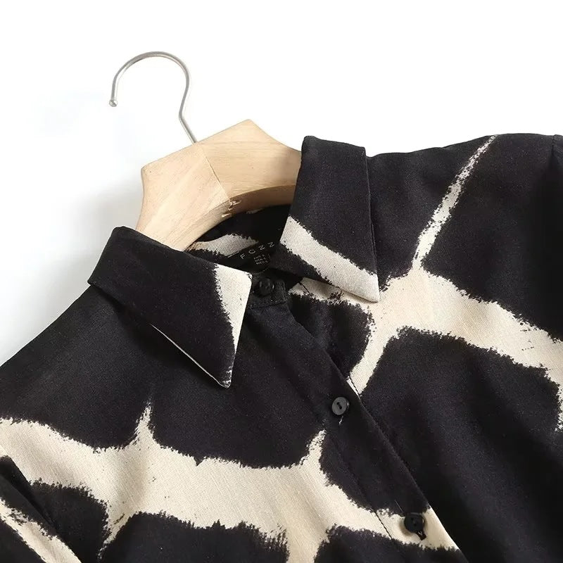 Korean Women's Summer New Loose Linen Print Top Long Sleeve Shirt
