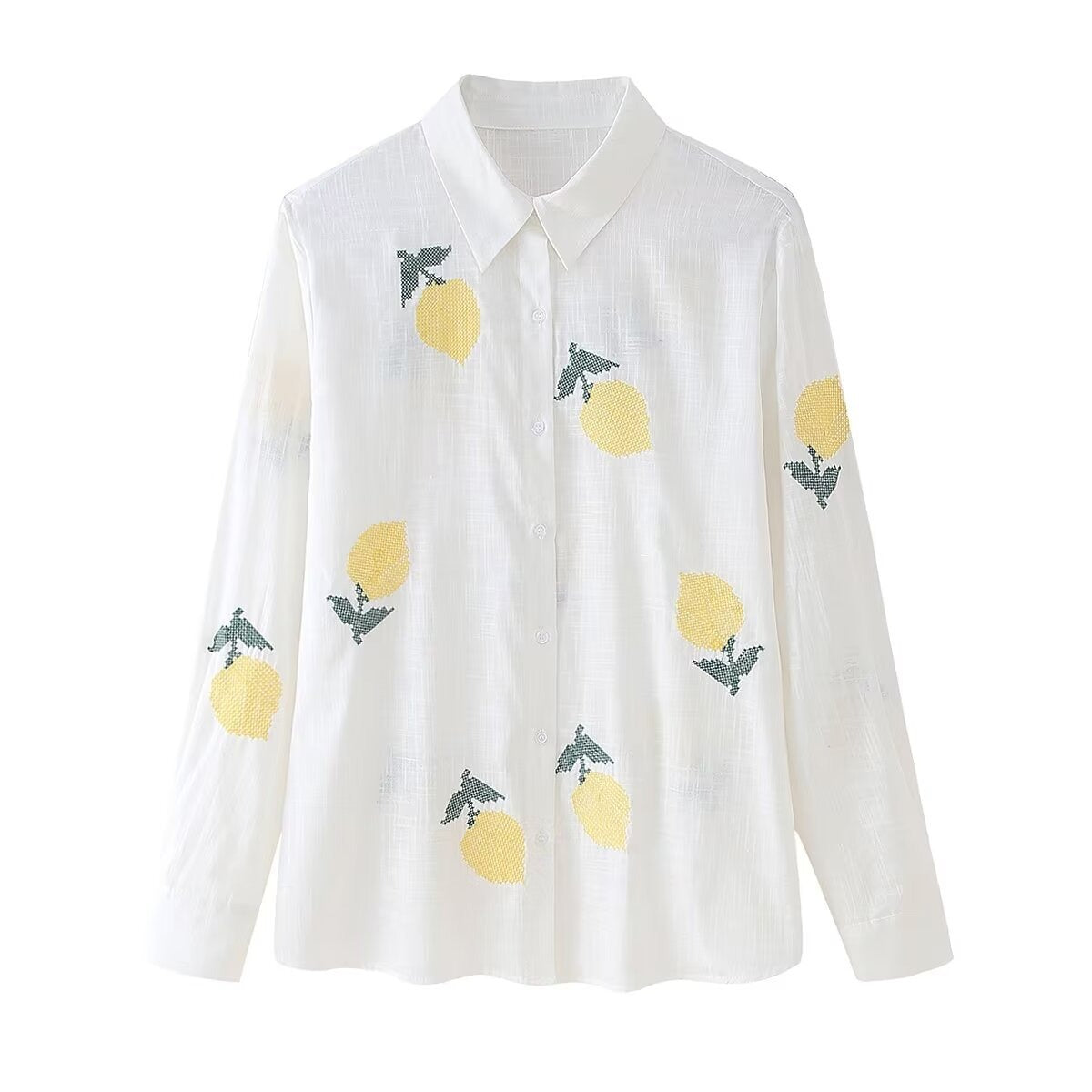 Women's Lemon Embroidered White Cotton Linen Shirt