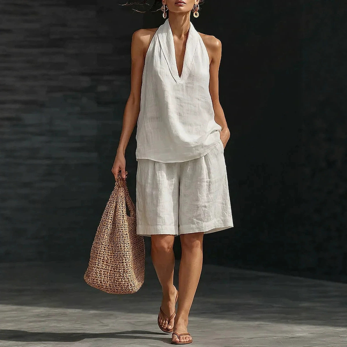 Casual Linen Cotton Vest and Shorts Set for Women, Fashionable Loose Fit, Spring and Summer Style
