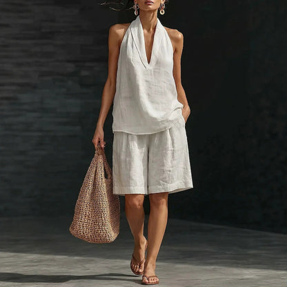 Casual Linen Cotton Vest and Shorts Set for Women, Fashionable Loose Fit, Spring and Summer Style