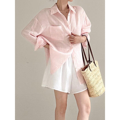Long Sleeve Shirt for Women Lightweight Cotton-Linen Breathable Summer Blouse