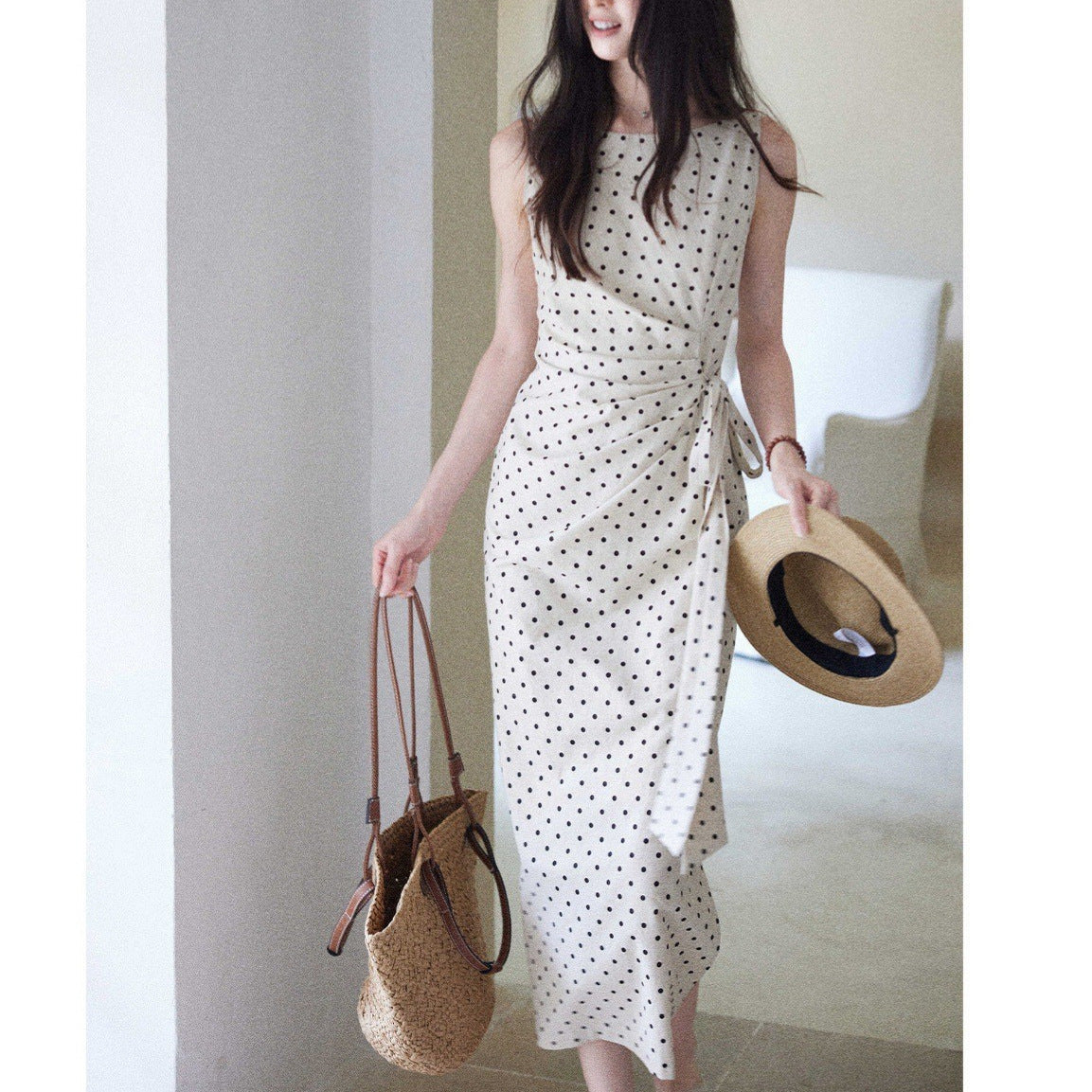 Polka Dot Dress with Side Waist Cinch Linen-Cotton Fabric Long Dress for Women
