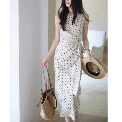 Polka Dot Dress with Side Waist Cinch Linen-Cotton Fabric Long Dress for Women