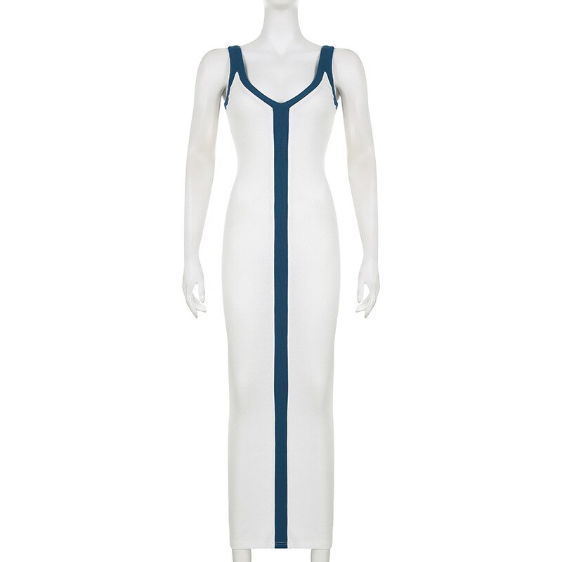 Sexy Color Blocking Maxi Dresses Women Hipster V-neck Sleeveless Split Bodycon Dress Summer Beach Vacation Clothing