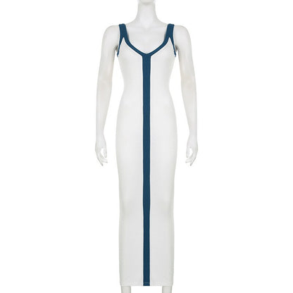 Sexy Color Blocking Maxi Dresses Women Hipster V-neck Sleeveless Split Bodycon Dress Summer Beach Vacation Clothing