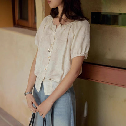 Cotton Linen Cut-out Round Neck Shirt Women Summer Puff Sleeve Top