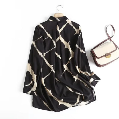 Korean Women's Summer New Loose Linen Print Top Long Sleeve Shirt