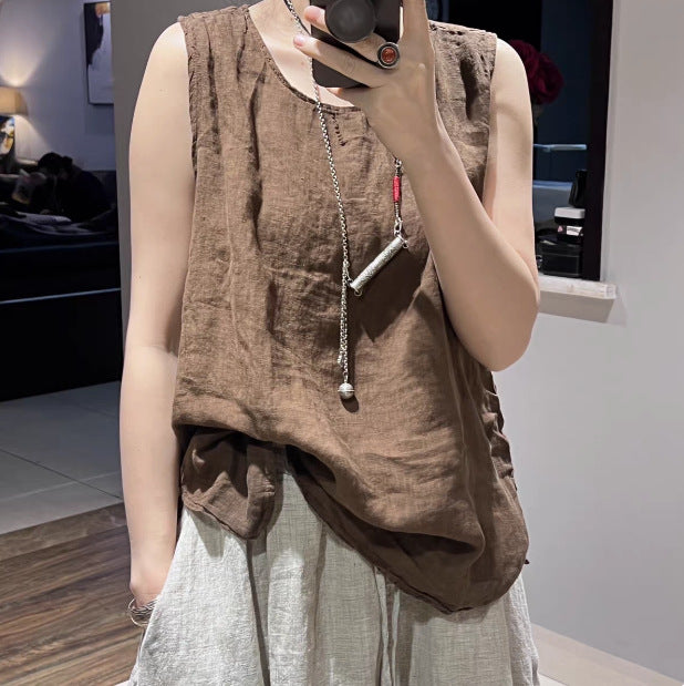 Summer Original Versatile Loose Casual Outerwear Retro Inner Wear Sleeveless Classic Round Neck Linen Vest Women