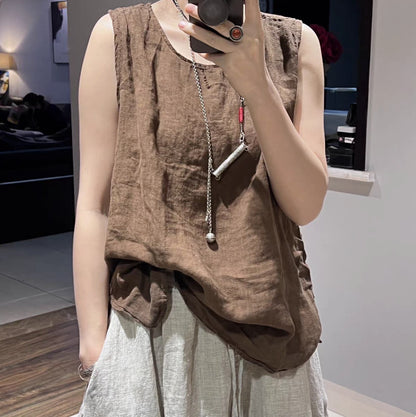 Summer Original Versatile Loose Casual Outerwear Retro Inner Wear Sleeveless Classic Round Neck Linen Vest Women