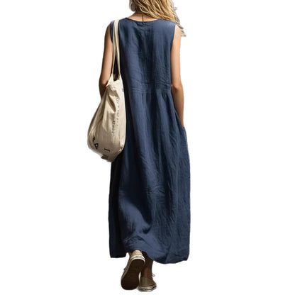 Casual Loose Sleeveless Cotton Linen Dress with 3D Pockets Summer Fashion Dress